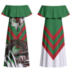 Personalized South Sydney Rabbitohs Rugby Couples Matching Off Shoulder Maxi Dress and Long Sleeve Button Shirt Fierce Mascot And Sydney Skyline Graphic Art