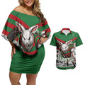 Personalized South Sydney Rabbitohs Rugby Couples Matching Off Shoulder Short Dress and Hawaiian Shirt Fierce Mascot And Sydney Skyline Graphic Art