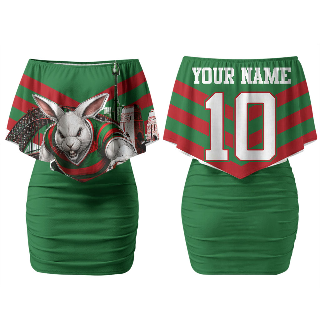 Personalized South Sydney Rabbitohs Rugby Couples Matching Off Shoulder Short Dress and Hawaiian Shirt Fierce Mascot And Sydney Skyline Graphic Art