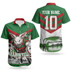 Personalized South Sydney Rabbitohs Rugby Couples Matching Off Shoulder Short Dress and Hawaiian Shirt Fierce Mascot And Sydney Skyline Graphic Art