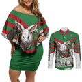 Personalized South Sydney Rabbitohs Rugby Couples Matching Off Shoulder Short Dress and Long Sleeve Button Shirt Fierce Mascot And Sydney Skyline Graphic Art