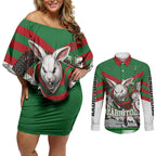 Personalized South Sydney Rabbitohs Rugby Couples Matching Off Shoulder Short Dress and Long Sleeve Button Shirt Fierce Mascot And Sydney Skyline Graphic Art
