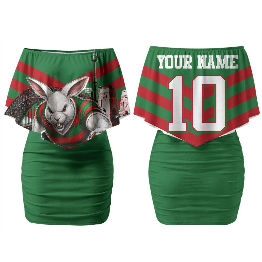 Personalized South Sydney Rabbitohs Rugby Couples Matching Off Shoulder Short Dress and Long Sleeve Button Shirt Fierce Mascot And Sydney Skyline Graphic Art