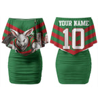 Personalized South Sydney Rabbitohs Rugby Couples Matching Off Shoulder Short Dress and Long Sleeve Button Shirt Fierce Mascot And Sydney Skyline Graphic Art