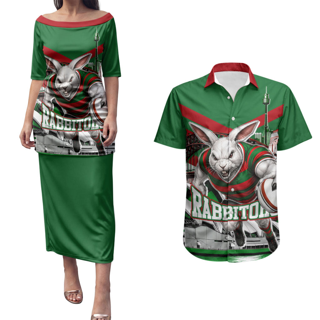 Personalized South Sydney Rabbitohs Rugby Couples Matching Puletasi and Hawaiian Shirt Fierce Mascot And Sydney Skyline Graphic Art
