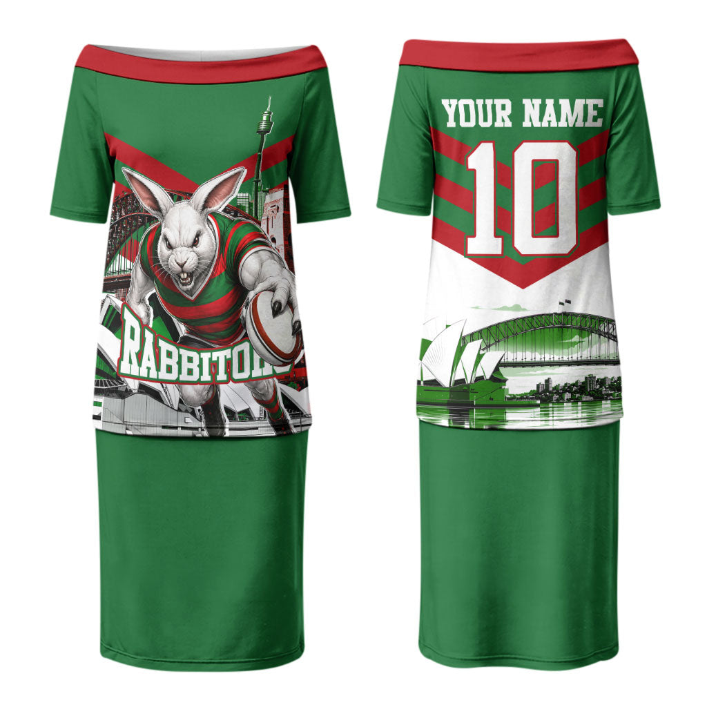 Personalized South Sydney Rabbitohs Rugby Couples Matching Puletasi and Hawaiian Shirt Fierce Mascot And Sydney Skyline Graphic Art