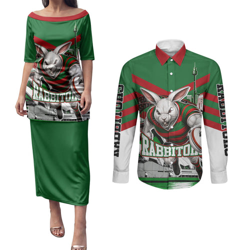 Personalized South Sydney Rabbitohs Rugby Couples Matching Puletasi and Long Sleeve Button Shirt Fierce Mascot And Sydney Skyline Graphic Art