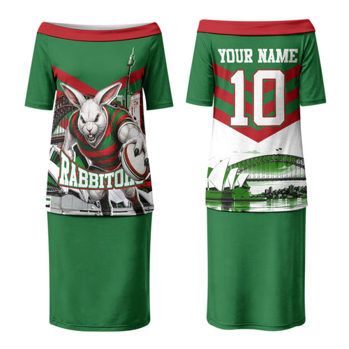 Personalized South Sydney Rabbitohs Rugby Couples Matching Puletasi and Long Sleeve Button Shirt Fierce Mascot And Sydney Skyline Graphic Art
