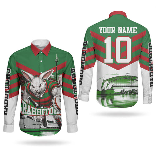 Personalized South Sydney Rabbitohs Rugby Couples Matching Short Sleeve Bodycon Dress and Long Sleeve Button Shirt Fierce Mascot And Sydney Skyline Graphic Art