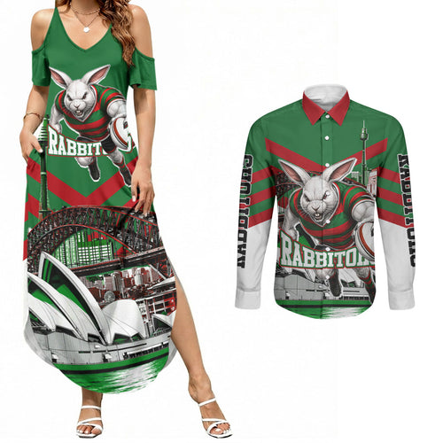 Personalized South Sydney Rabbitohs Rugby Couples Matching Summer Maxi Dress and Long Sleeve Button Shirt Fierce Mascot And Sydney Skyline Graphic Art
