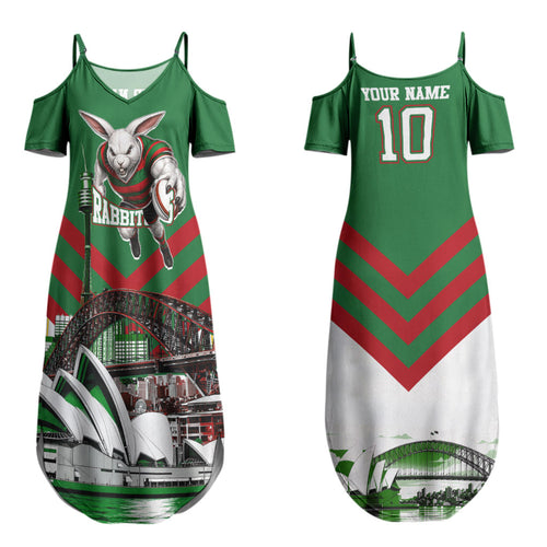 Personalized South Sydney Rabbitohs Rugby Couples Matching Summer Maxi Dress and Long Sleeve Button Shirt Fierce Mascot And Sydney Skyline Graphic Art