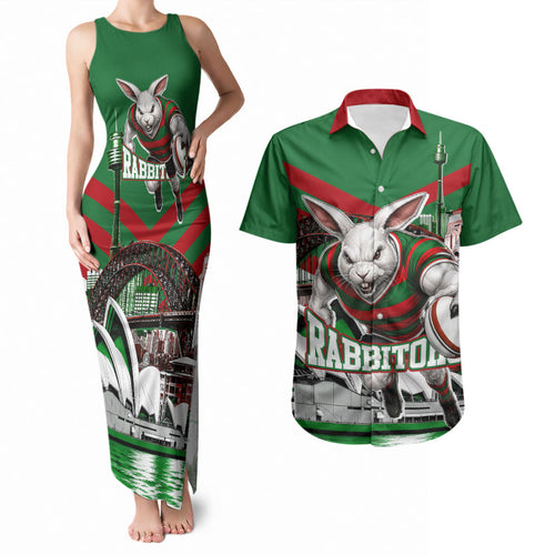 Personalized South Sydney Rabbitohs Rugby Couples Matching Tank Maxi Dress and Hawaiian Shirt Fierce Mascot And Sydney Skyline Graphic Art