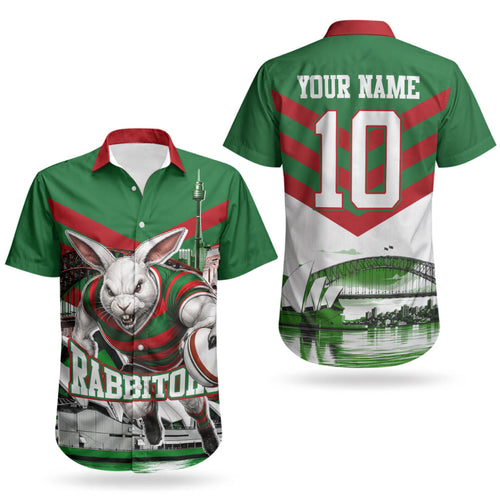 Personalized South Sydney Rabbitohs Rugby Couples Matching Tank Maxi Dress and Hawaiian Shirt Fierce Mascot And Sydney Skyline Graphic Art