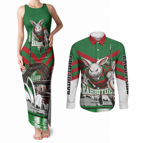 Personalized South Sydney Rabbitohs Rugby Couples Matching Tank Maxi Dress and Long Sleeve Button Shirt Fierce Mascot And Sydney Skyline Graphic Art