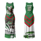 Personalized South Sydney Rabbitohs Rugby Couples Matching Tank Maxi Dress and Long Sleeve Button Shirt Fierce Mascot And Sydney Skyline Graphic Art