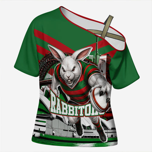 Personalized South Sydney Rabbitohs Rugby Cross Shoulder Shirt Fierce Mascot And Sydney Skyline Graphic Art