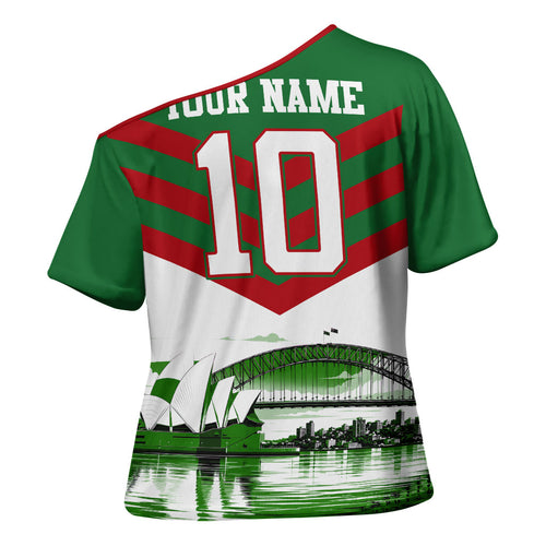 Personalized South Sydney Rabbitohs Rugby Cross Shoulder Shirt Fierce Mascot And Sydney Skyline Graphic Art