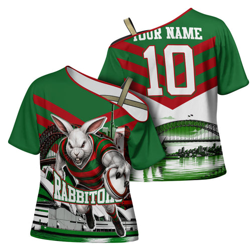 Personalized South Sydney Rabbitohs Rugby Cross Shoulder Shirt Fierce Mascot And Sydney Skyline Graphic Art