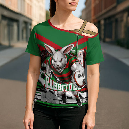 Personalized South Sydney Rabbitohs Rugby Cross Shoulder Shirt Fierce Mascot And Sydney Skyline Graphic Art