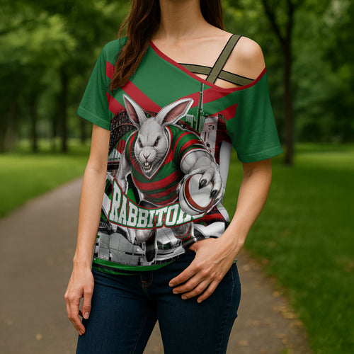 Personalized South Sydney Rabbitohs Rugby Cross Shoulder Shirt Fierce Mascot And Sydney Skyline Graphic Art