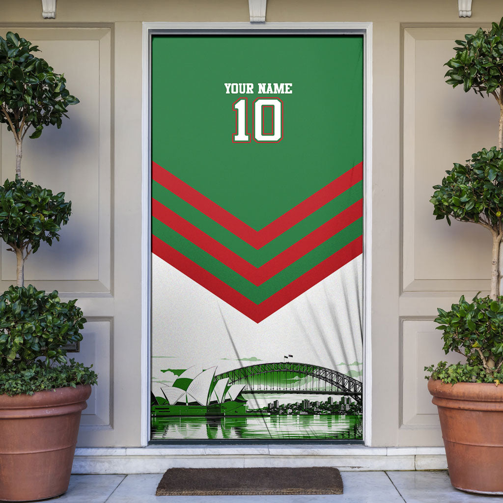Personalized South Sydney Rabbitohs Rugby Door Cover Fierce Mascot And Sydney Skyline Graphic Art