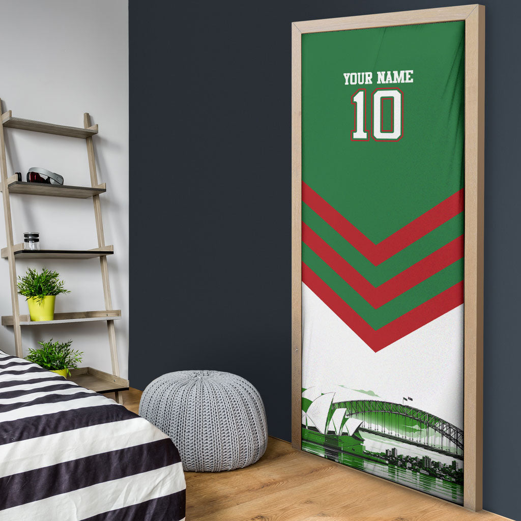 Personalized South Sydney Rabbitohs Rugby Door Cover Fierce Mascot And Sydney Skyline Graphic Art