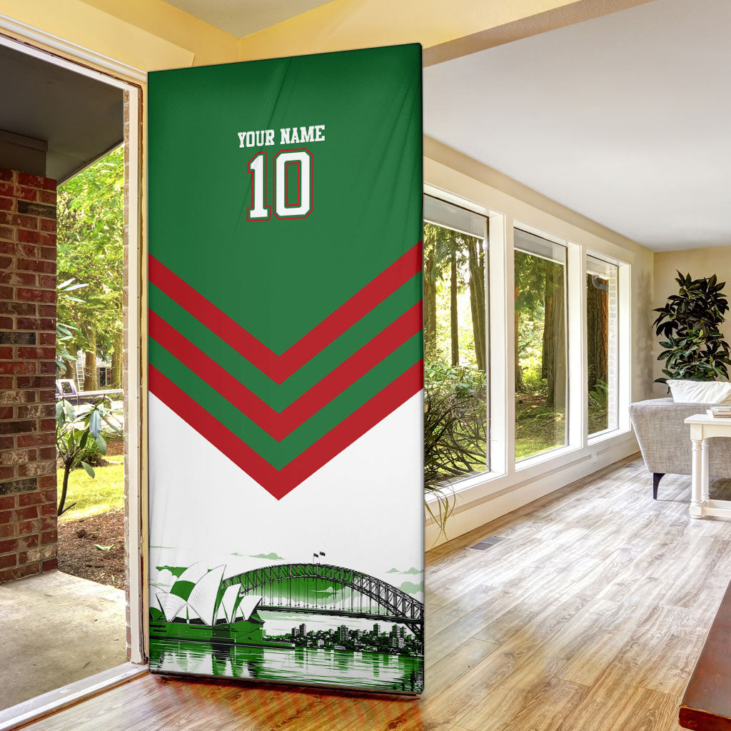 Personalized South Sydney Rabbitohs Rugby Door Cover Fierce Mascot And Sydney Skyline Graphic Art