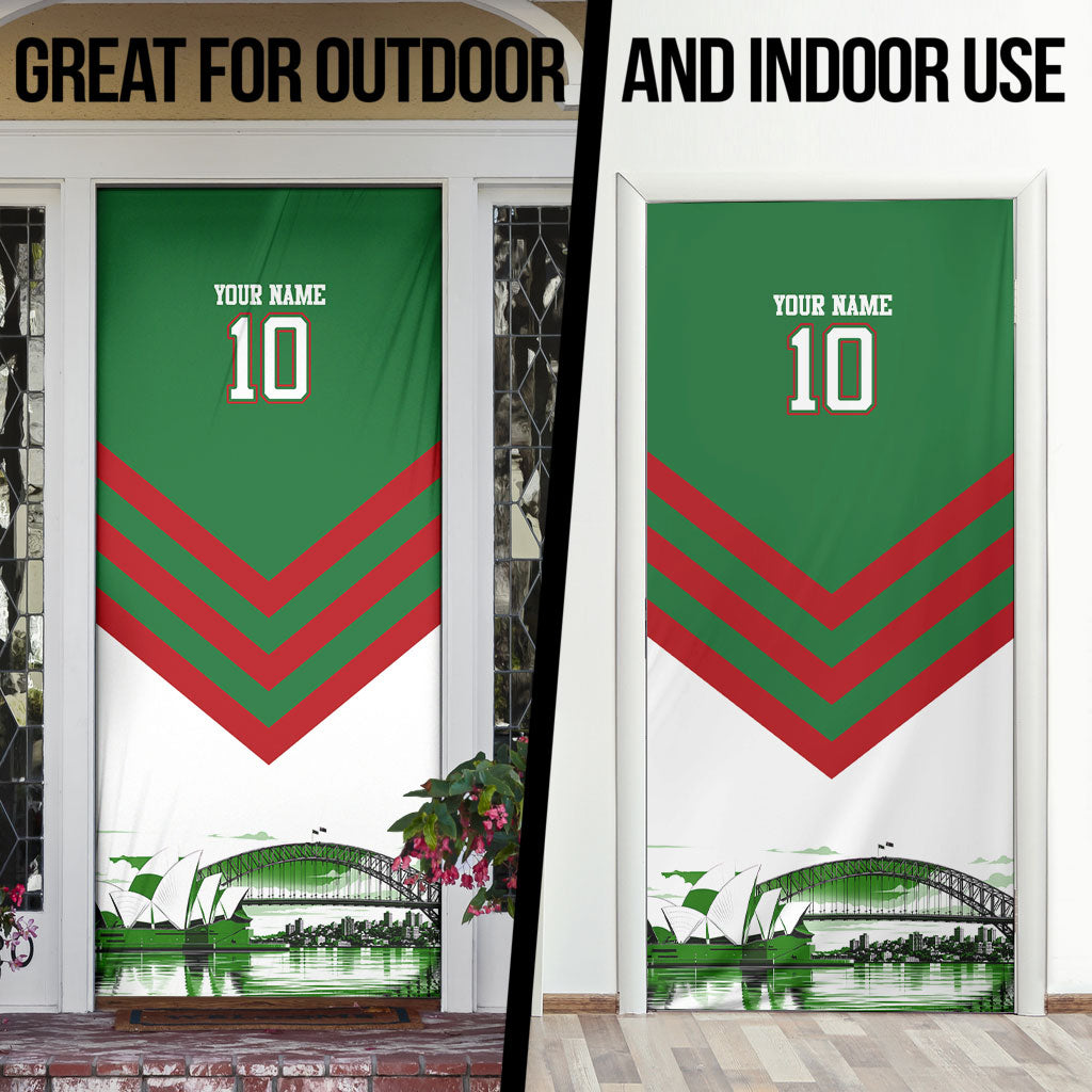 Personalized South Sydney Rabbitohs Rugby Door Cover Fierce Mascot And Sydney Skyline Graphic Art