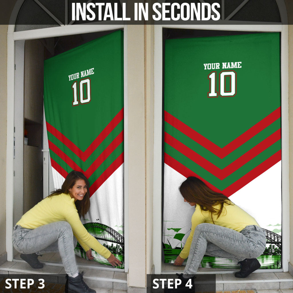 Personalized South Sydney Rabbitohs Rugby Door Cover Fierce Mascot And Sydney Skyline Graphic Art