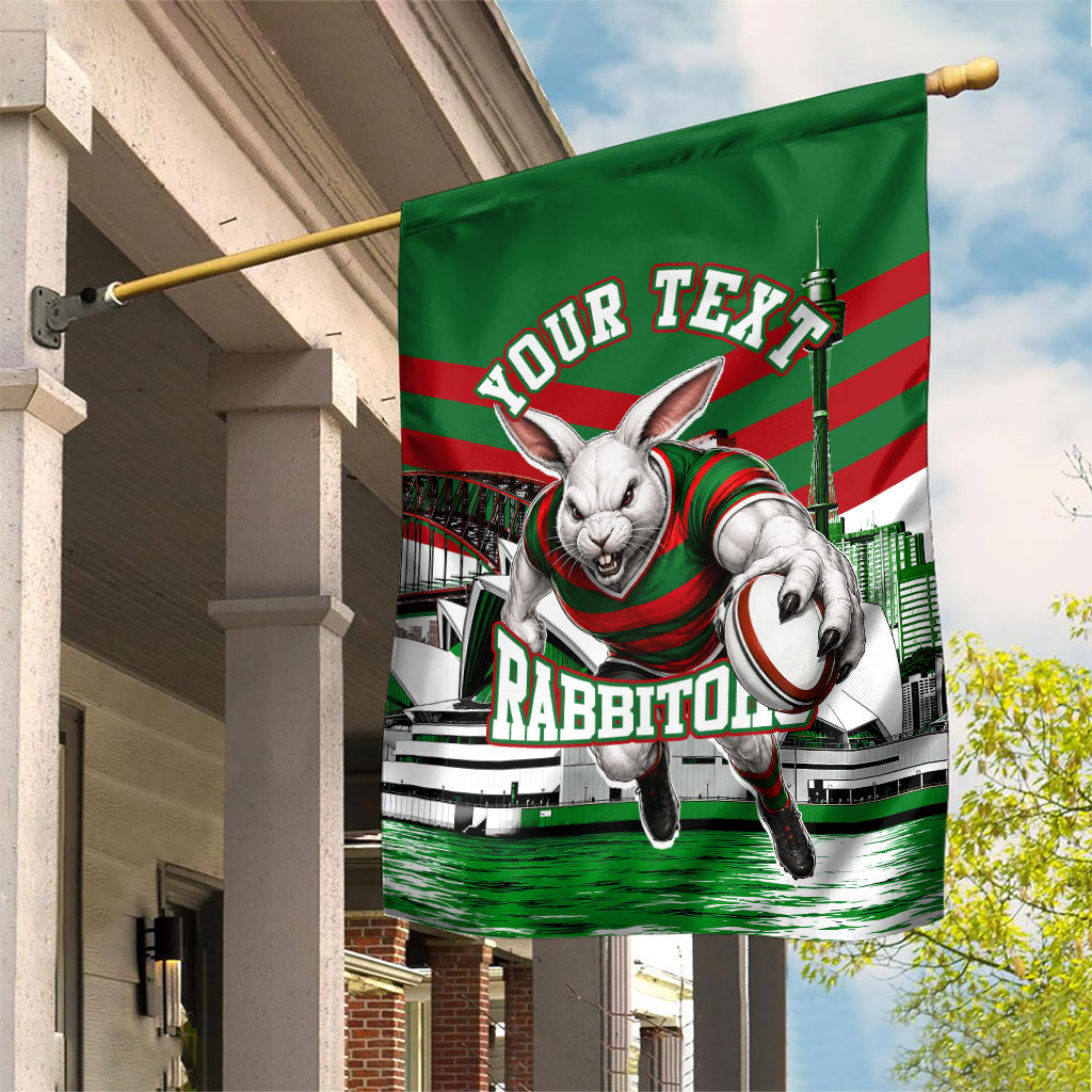 Personalized South Sydney Rabbitohs Rugby Garden Flag Fierce Mascot And Sydney Skyline Graphic Art