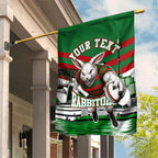 Personalized South Sydney Rabbitohs Rugby Garden Flag Fierce Mascot And Sydney Skyline Graphic Art