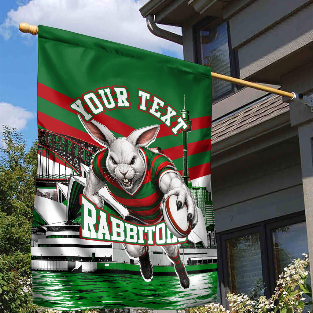 Personalized South Sydney Rabbitohs Rugby Garden Flag Fierce Mascot And Sydney Skyline Graphic Art