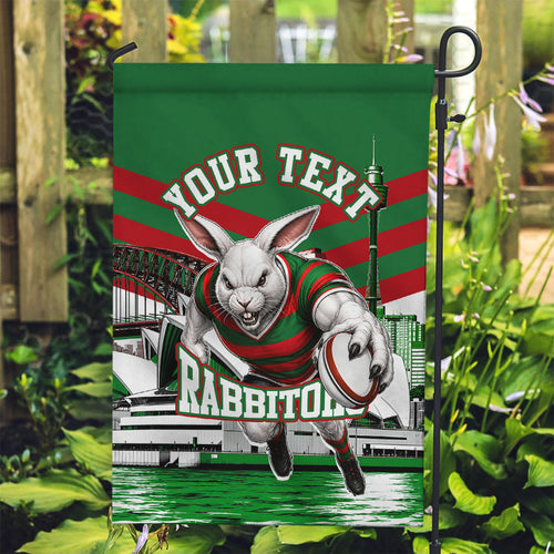 Personalized South Sydney Rabbitohs Rugby Garden Flag Fierce Mascot And Sydney Skyline Graphic Art