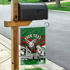 Personalized South Sydney Rabbitohs Rugby Garden Flag Fierce Mascot And Sydney Skyline Graphic Art