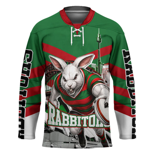 Personalized South Sydney Rabbitohs Rugby Hockey Jersey Fierce Mascot And Sydney Skyline Graphic Art
