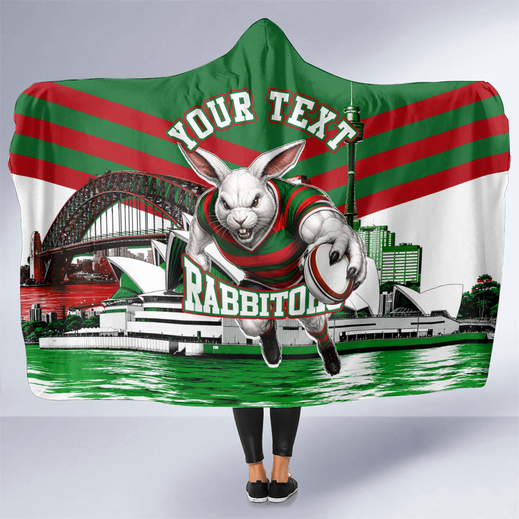 Personalized South Sydney Rabbitohs Rugby Hooded Blanket Fierce Mascot And Sydney Skyline Graphic Art
