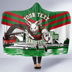 Personalized South Sydney Rabbitohs Rugby Hooded Blanket Fierce Mascot And Sydney Skyline Graphic Art