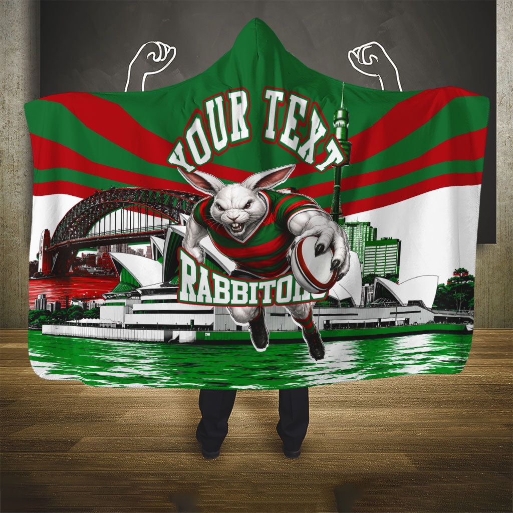 Personalized South Sydney Rabbitohs Rugby Hooded Blanket Fierce Mascot And Sydney Skyline Graphic Art