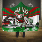 Personalized South Sydney Rabbitohs Rugby Hooded Blanket Fierce Mascot And Sydney Skyline Graphic Art