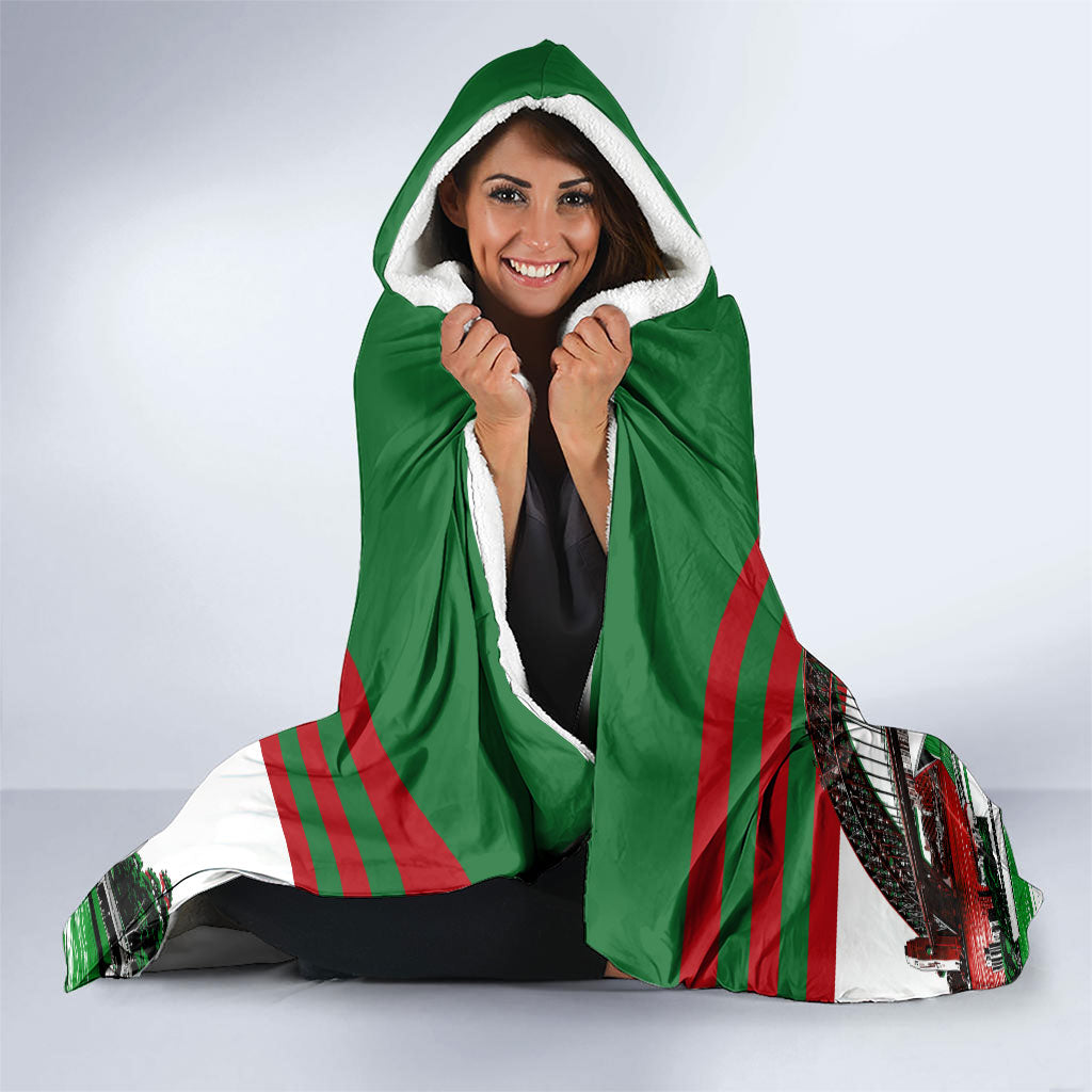 Personalized South Sydney Rabbitohs Rugby Hooded Blanket Fierce Mascot And Sydney Skyline Graphic Art