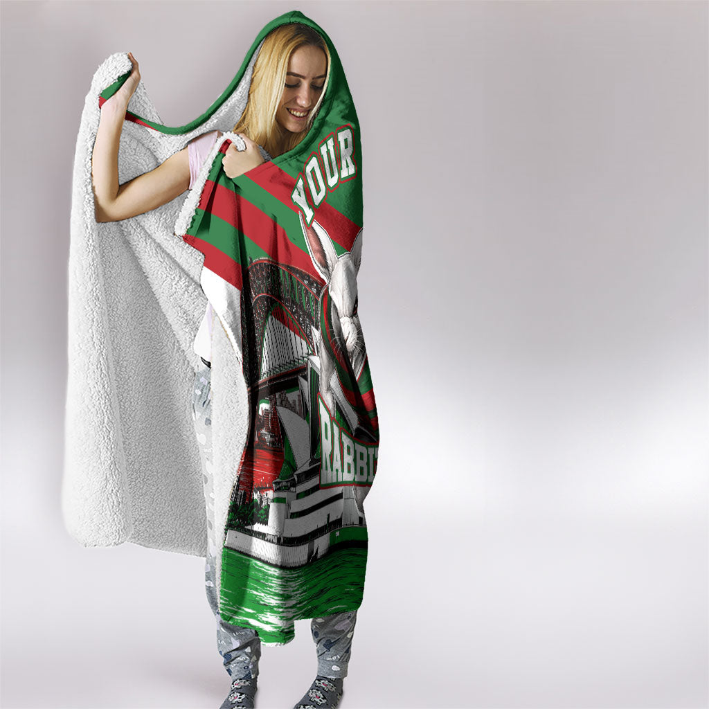 Personalized South Sydney Rabbitohs Rugby Hooded Blanket Fierce Mascot And Sydney Skyline Graphic Art