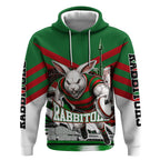Personalized South Sydney Rabbitohs Rugby Hoodie Fierce Mascot And Sydney Skyline Graphic Art