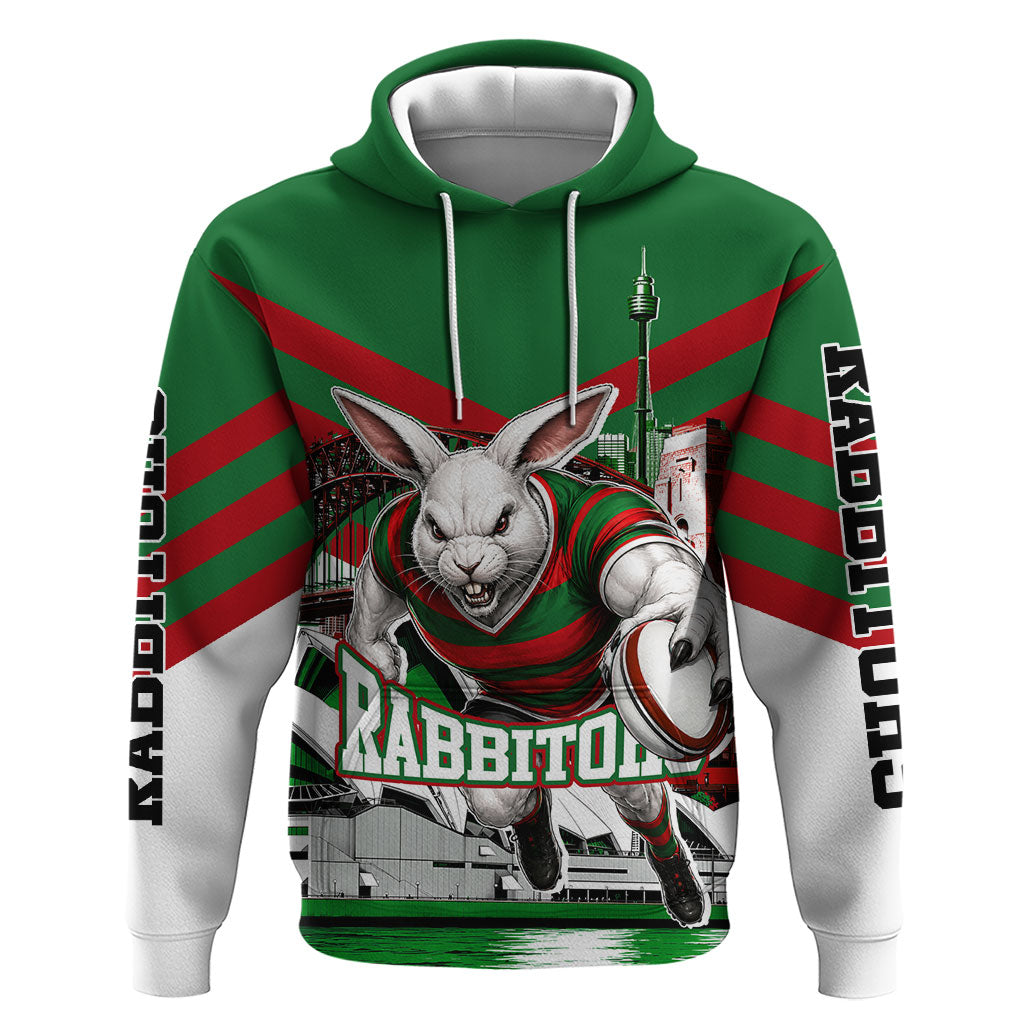 Personalized South Sydney Rabbitohs Rugby Hoodie Fierce Mascot And Sydney Skyline Graphic Art