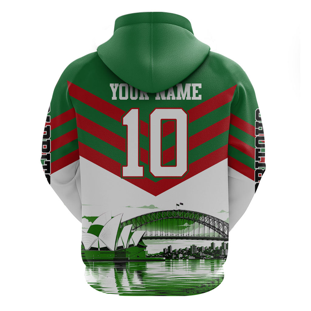 Personalized South Sydney Rabbitohs Rugby Hoodie Fierce Mascot And Sydney Skyline Graphic Art