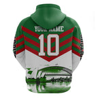 Personalized South Sydney Rabbitohs Rugby Hoodie Fierce Mascot And Sydney Skyline Graphic Art