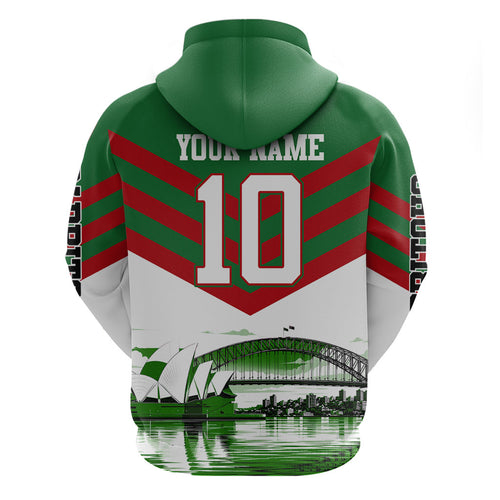 Personalized South Sydney Rabbitohs Rugby Hoodie Fierce Mascot And Sydney Skyline Graphic Art