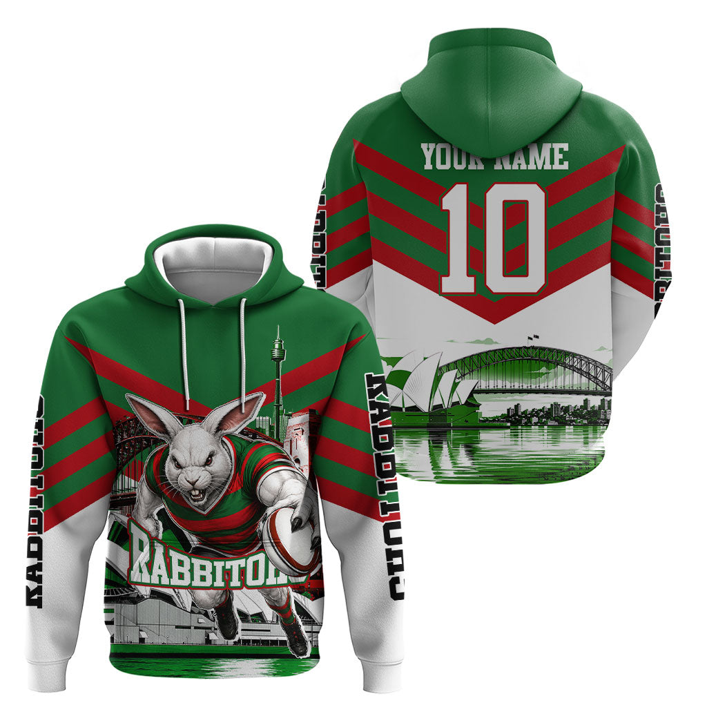 Personalized South Sydney Rabbitohs Rugby Hoodie Fierce Mascot And Sydney Skyline Graphic Art