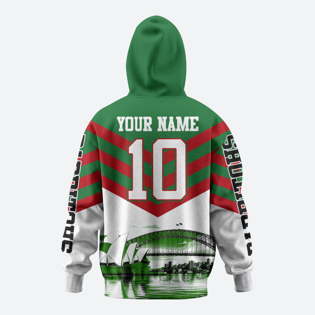 Personalized South Sydney Rabbitohs Rugby Hoodie Fierce Mascot And Sydney Skyline Graphic Art