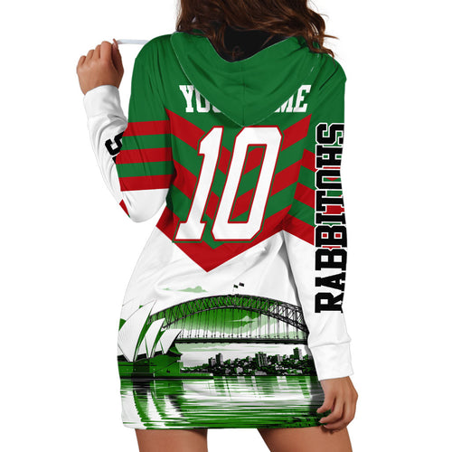 Personalized South Sydney Rabbitohs Rugby Hoodie Dress Fierce Mascot And Sydney Skyline Graphic Art