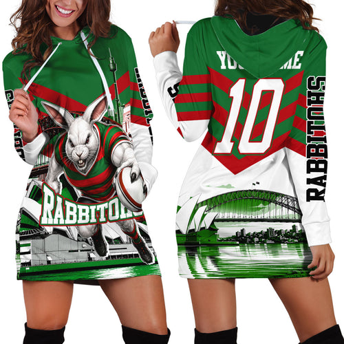 Personalized South Sydney Rabbitohs Rugby Hoodie Dress Fierce Mascot And Sydney Skyline Graphic Art